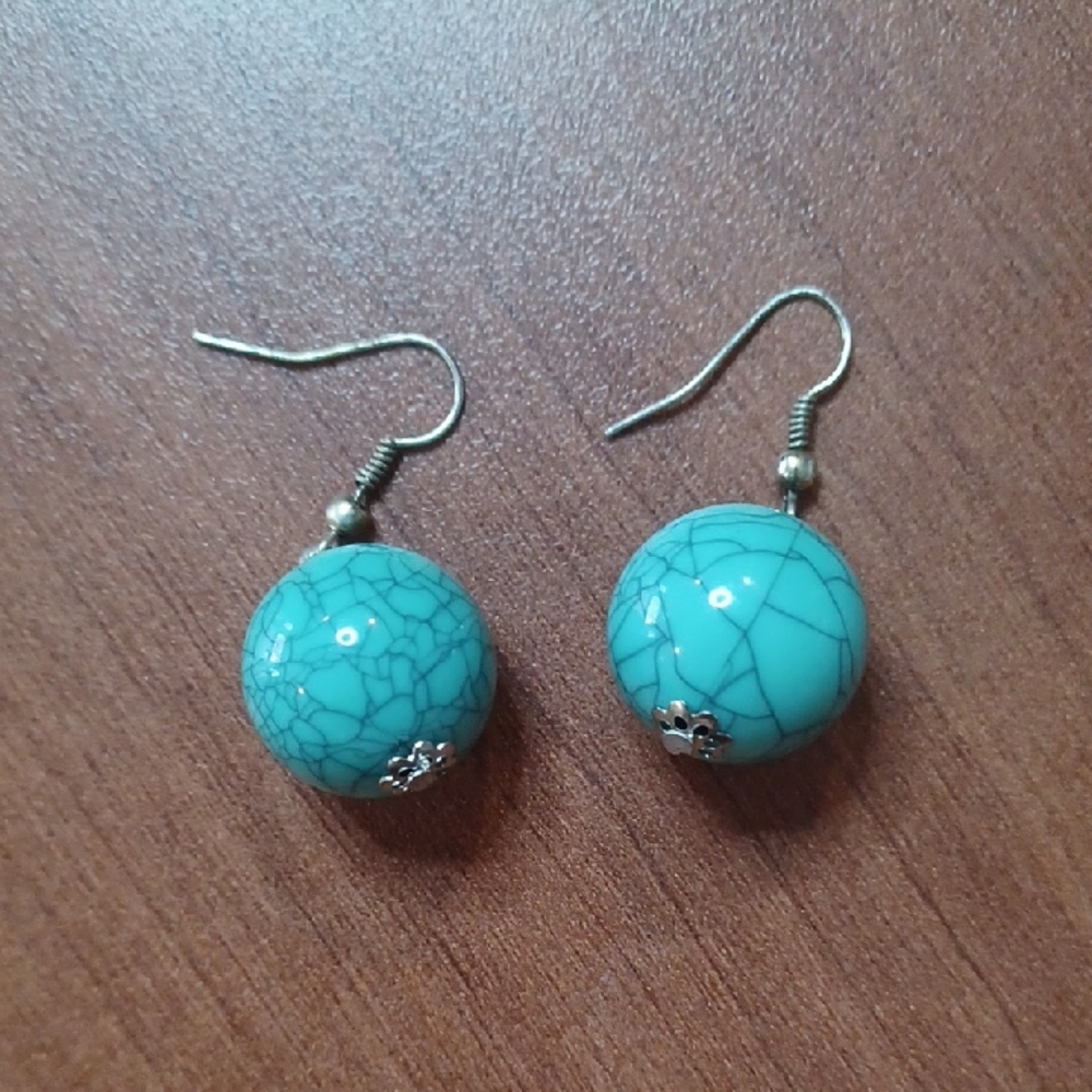 Blue Round Bead Earrings with Fish-Hook Style